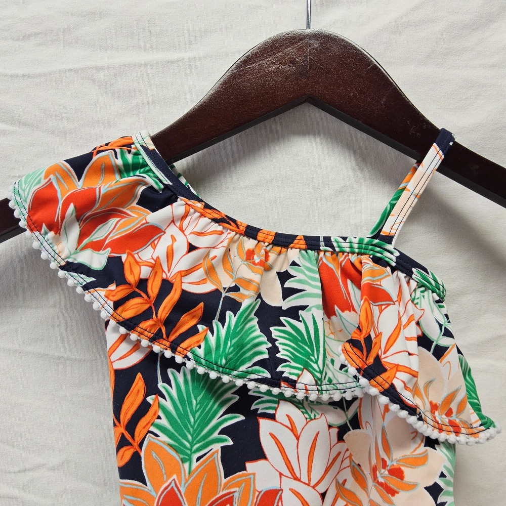 Janie and Jack‎ One Piece Swimsuit Kids 2T Navy Orange Tropical Floral Pom Trim